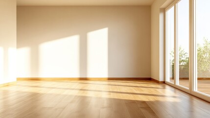 Fototapeta premium Sunlight Streams into Empty Room: Warm sunlight beams through the window of an empty room, casting long shadows across the gleaming hardwood floor.