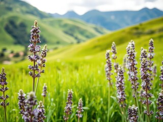 Delicate lavender stems with tiny blooms amidst the lush greenery of a rolling hillside against a dramatic mountain silhouette, hillside landscapes, wildflower meadows, mountain vistas