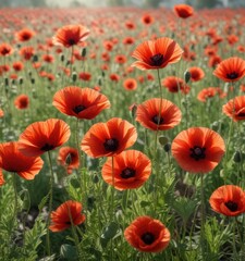 Fototapeta premium Delicate petals of red poppies gently unfolding in the morning breeze, field, delicate petals, soft bloom