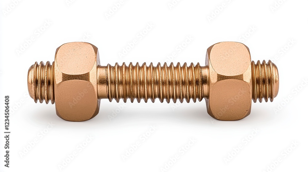 Poster golden threaded bolt with hexagonal nuts on white background