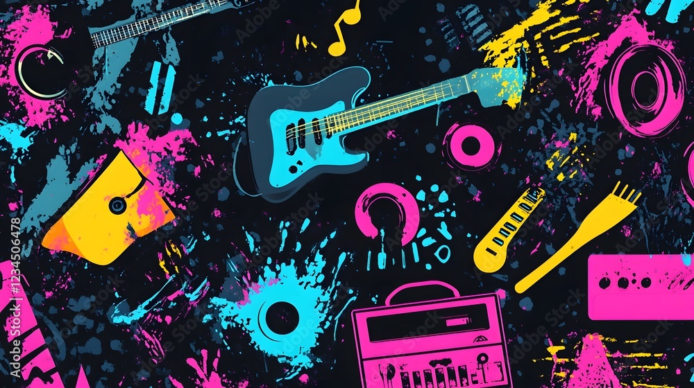Poster Vibrant Colorful Musical Instruments and Performance Elements on Splattered Background