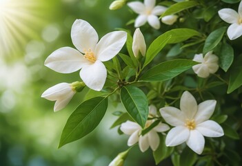 Obraz premium Radiant White Gardenia Blossoms: Sunlit Macro Photography of Delicate Flowers