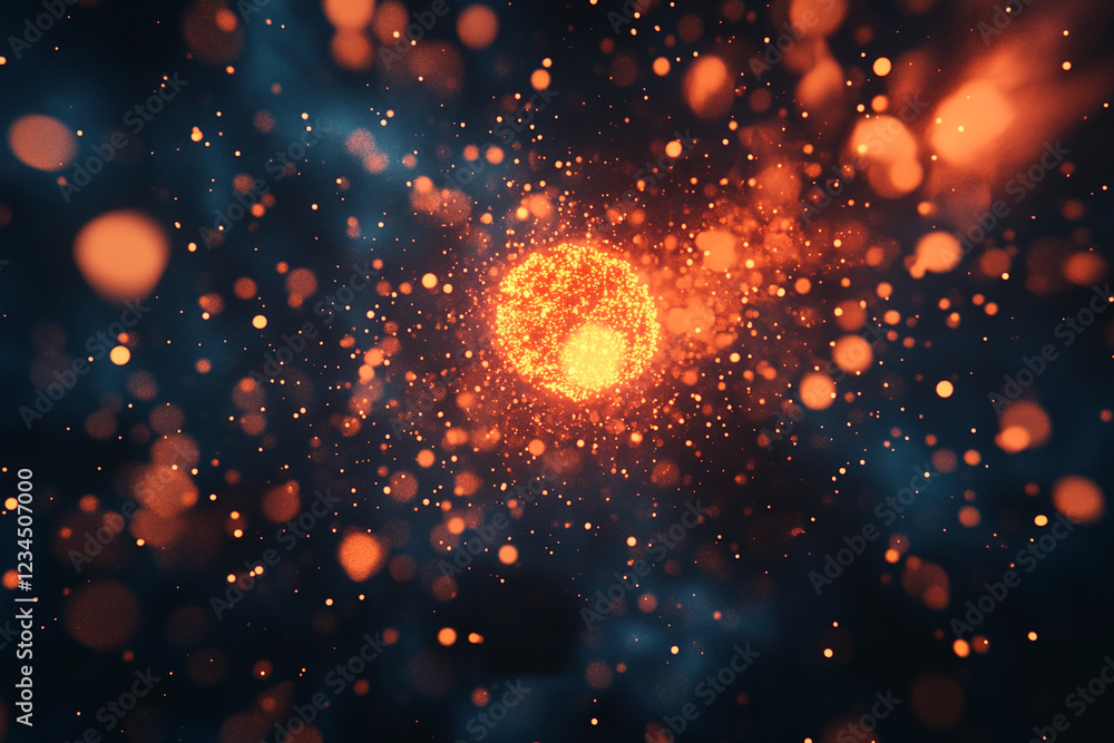 Poster abstract glowing particles forming a bright core in space with a dramatic lighting effect, symbolizi