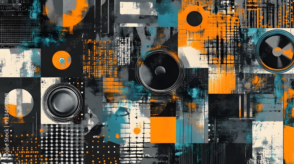 Aufkleber Vibrant Geometric Abstract Cityscape Design with Overlapping Shapes and Dynamic Patterns