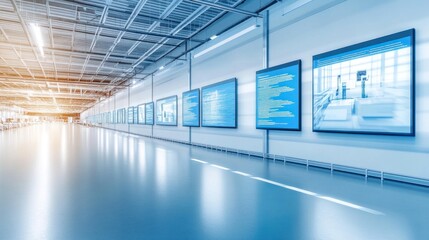 Factory hallway displays data, showing production progress, modern facility