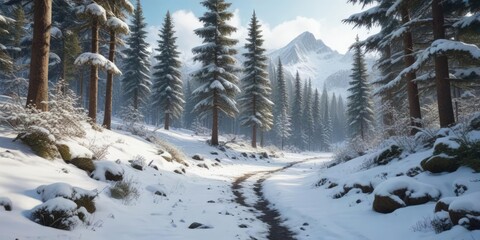 Dense forest landscape with snow-covered trees and winding mountain path , snow, winter