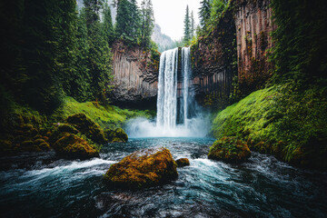 Majestic waterfall cascades through a vibrant forest filled with towering trees and lush greenery in stunning detail