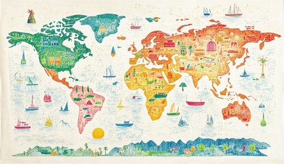 A colorful world map drawn with crayons, on a white background, in a clip art design