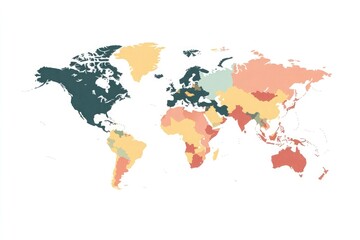 A colorful world map with borders in different colors, white background, flat design