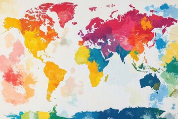 A colorful world map with borders in different colors, white background, flat design