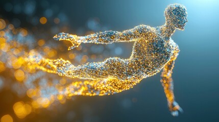 Particle man flying in digital space with glowing trail