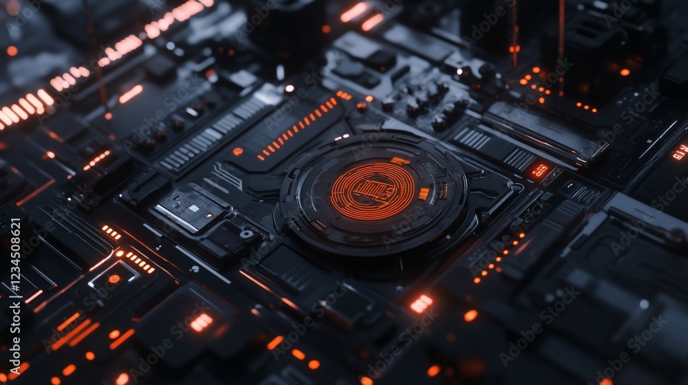 Poster high-tech motherboard with glowing orange accents detailed close-up rendering showing circuit board