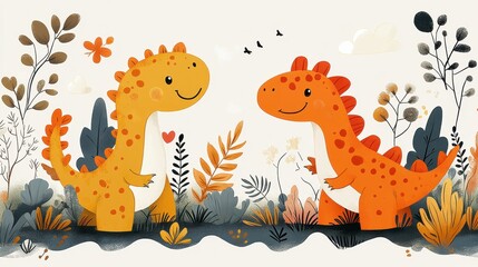 Two cheerful cartoon dinosaurs surrounded by colorful plants and foliage.