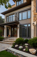 Obraz premium Modern Stone House Exterior: Elegant Home Design and Landscaping