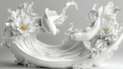 White Koi fish sculpture on wave, floral design, grey background, home decor