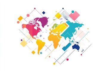 Obraz premium A flat vector illustration of the world map with five continents colored in different solid colors on a white background