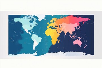 A flat vector illustration of the world map with different color sections, on a white background, with a simple and minimalistic design
