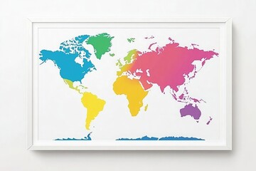 A flat vector illustration of the world map with different color sections, on a white background, with a simple and minimalistic design