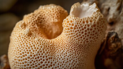 Close-up porous fungus detail on wood, blurred background, nature photography