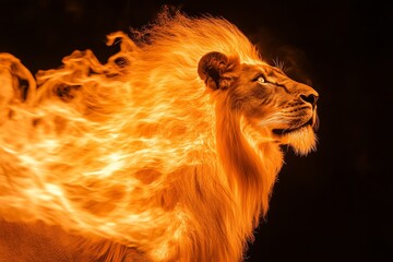 Naklejka premium Majestic Lion Surrounded by Fiery Flames Against a Dark Background