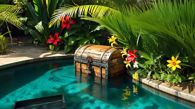 Wooden Treasure Chest Floating in a Tropical Pool Surrounded by Lush Greenery and Vibrant Exotic Flowers


