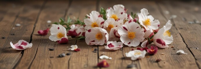 Fototapeta premium Dried gum rockrose flowers with crumpled white petals and maroon spots at base on a wooden surface , crumpled petals, dried flowers