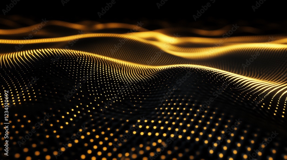 Poster golden wavy abstract background with glowing particles and dark contrast minimalist design