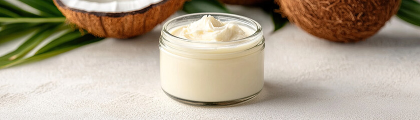 A small glass jar of creamy coconut lotion placed on a light surface, surrounded by coconut halves and green leaves.