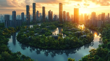 Obraz premium Sunrise over a modern city with a lush green island in a river.