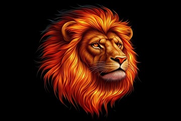 Obraz premium Majestic Lion with Fiery Orange Mane on Black Background
