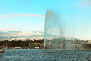Scenic view of the Geneva fountain Jet D'eau on Geneva lake on t