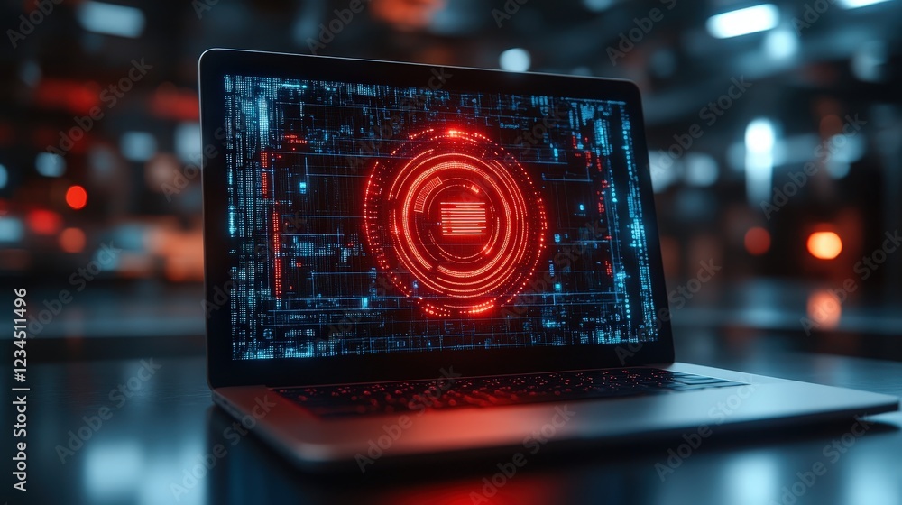 Poster laptop on desk displaying red warning icon with digital interface in background, emphasizing technol