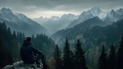 Fototapeta premium Portrait of a Mountain Climber Taking a Break on a Scenic Peak