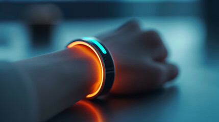 A close view of a smart bracelet, illustrating its advanced IoT features The bracelet has a digital screen and interactive elements, designed for everyday use and connectivity with other smart devices