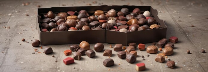 Empty box with chocolates spilled out and scattered around it, relaxed vibe , carefree atmosphere