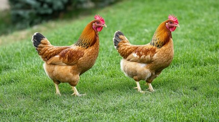 Two hens graze pasture, green grass background, farm setting, poultry farming image