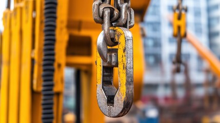 City construction site crane hook closeup, chain, heavy lifting