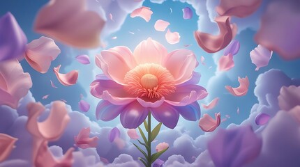 "Ethereal Flower with Floating Petals in Dreamy Pastel Background"