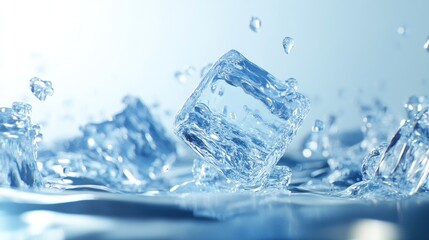 Obraz premium Ice cube splashing in water, blue background, refreshing drink advertisement