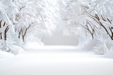 Snow covered trees line a winter path