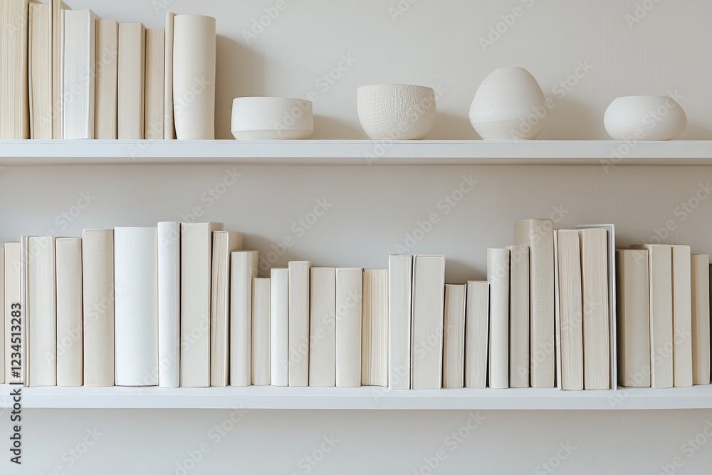 Aufkleber minimalist bookshelf with neutral colored books and decor objects