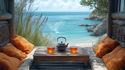 Tranquil beachside tea ceremony with steaming teapot and two cups.