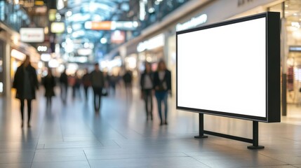 Obraz premium Blank White Billboard Display in Modern Mall Interior with Busy Shoppers Passing Through a Vibrant Retail Environment