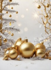 festive winter scene with golden ornaments and white background , holiday ornaments, white Christmas