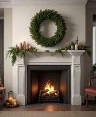 Fireplace with a beautiful evergreen wreath on the mantel, warmth, evergreen wreath, holiday decor