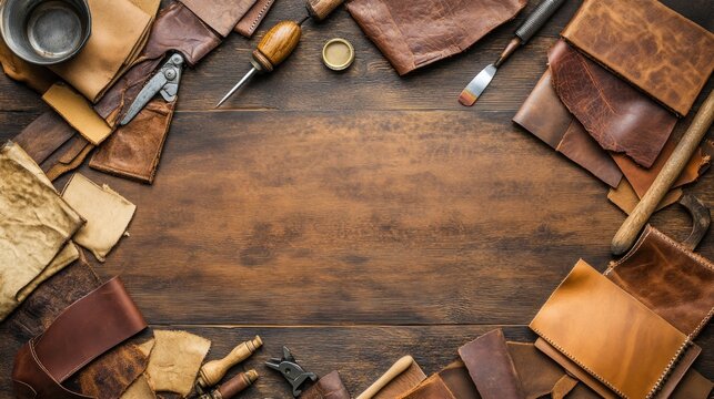 Leather crafting tools & materials on wood, workshop background, DIY project