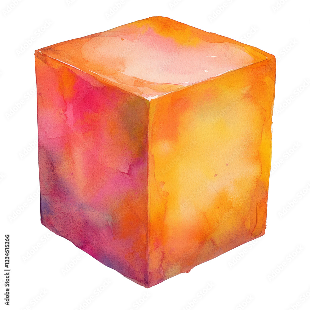 Poster a watercolor painting depicts a three-dimensional cube rendered in warm oranges, pinks and reds.