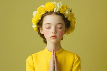 Young Girl Wearing Yellow Dress and Flower Crown Praying