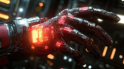Robotic hand activates in futuristic spaceship control room