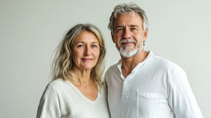 un couple de plus de 50 ans, debout devant un fond blanc
